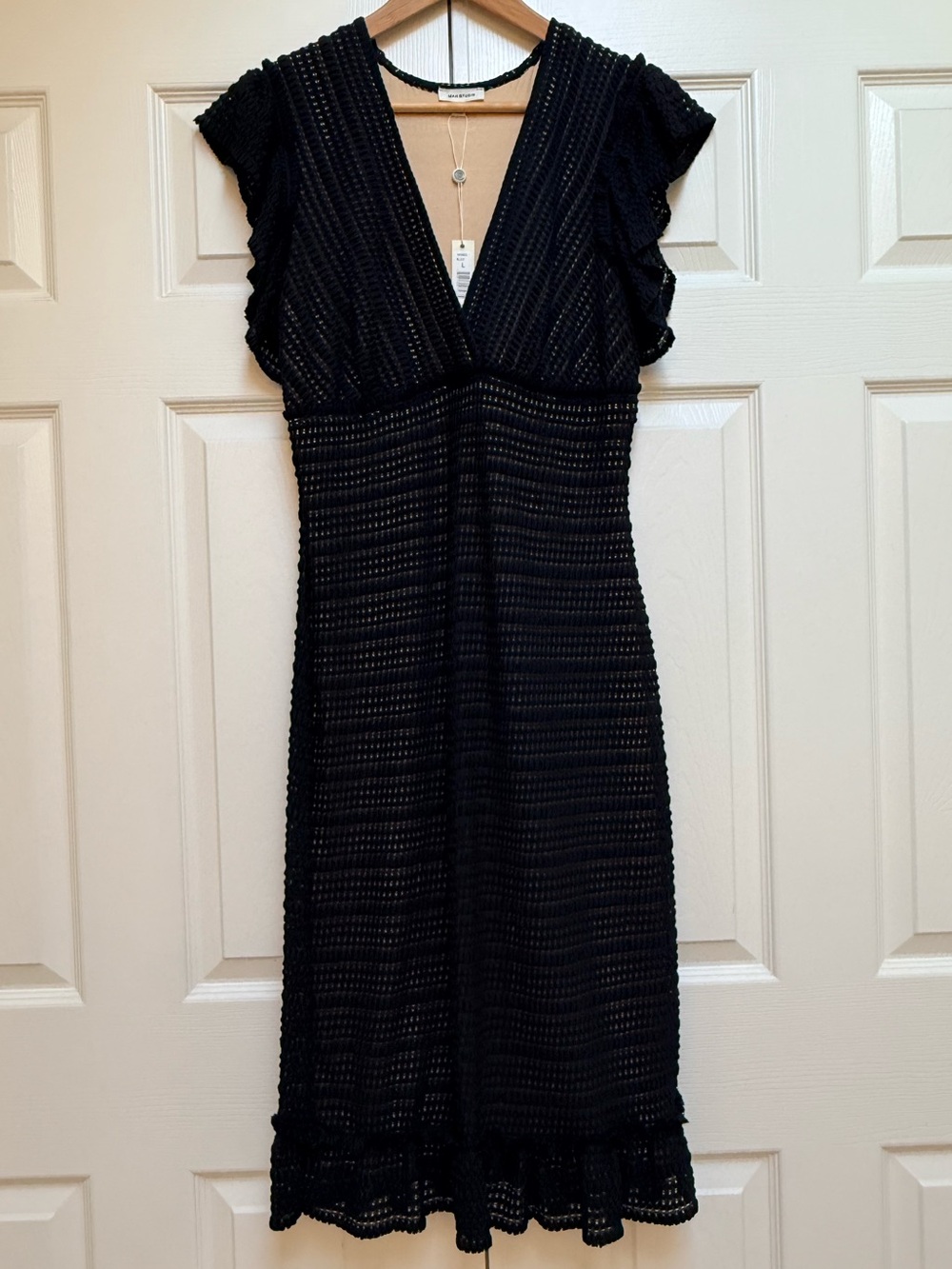 Max Studio Black V-Neck Crochet Midi Dress
